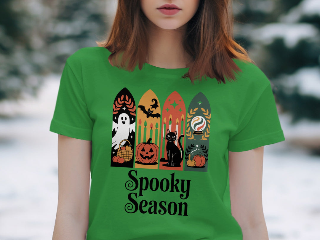 Women’s Halloween T-Shirt with paneled ghost, pumpkin, black cat and crystal ball