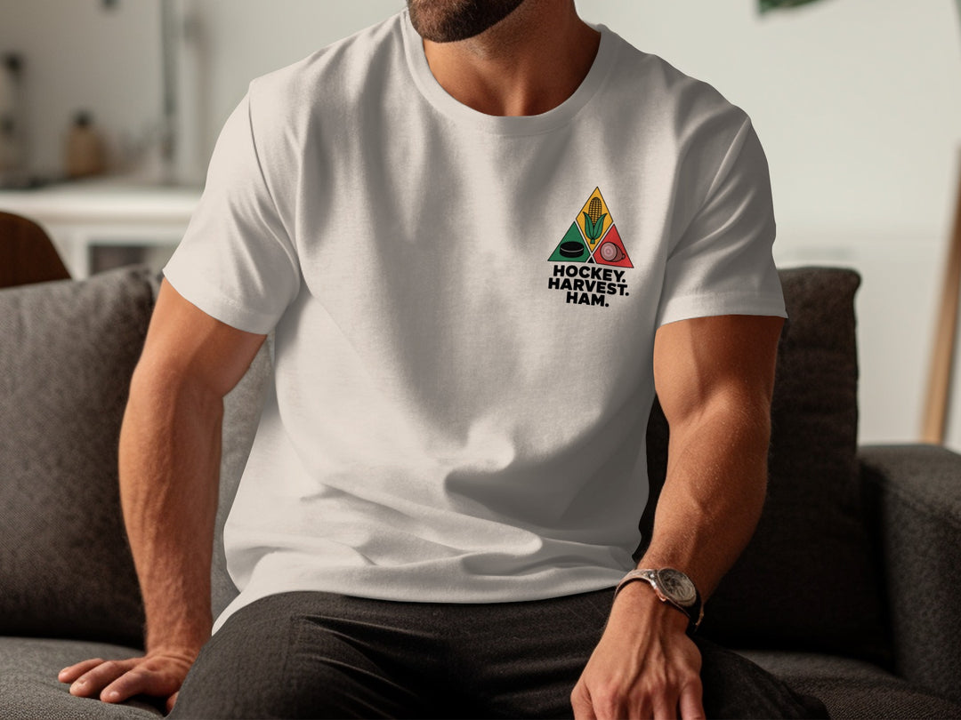 Thanksgiving hockey t-shirt with corn, puck, and ham triangle graphic for men