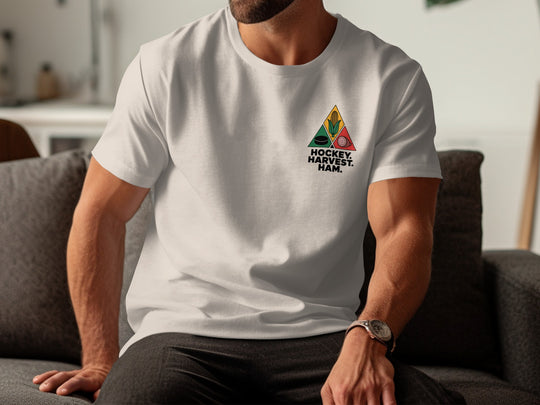 Thanksgiving hockey t-shirt with corn, puck, and ham triangle graphic for men