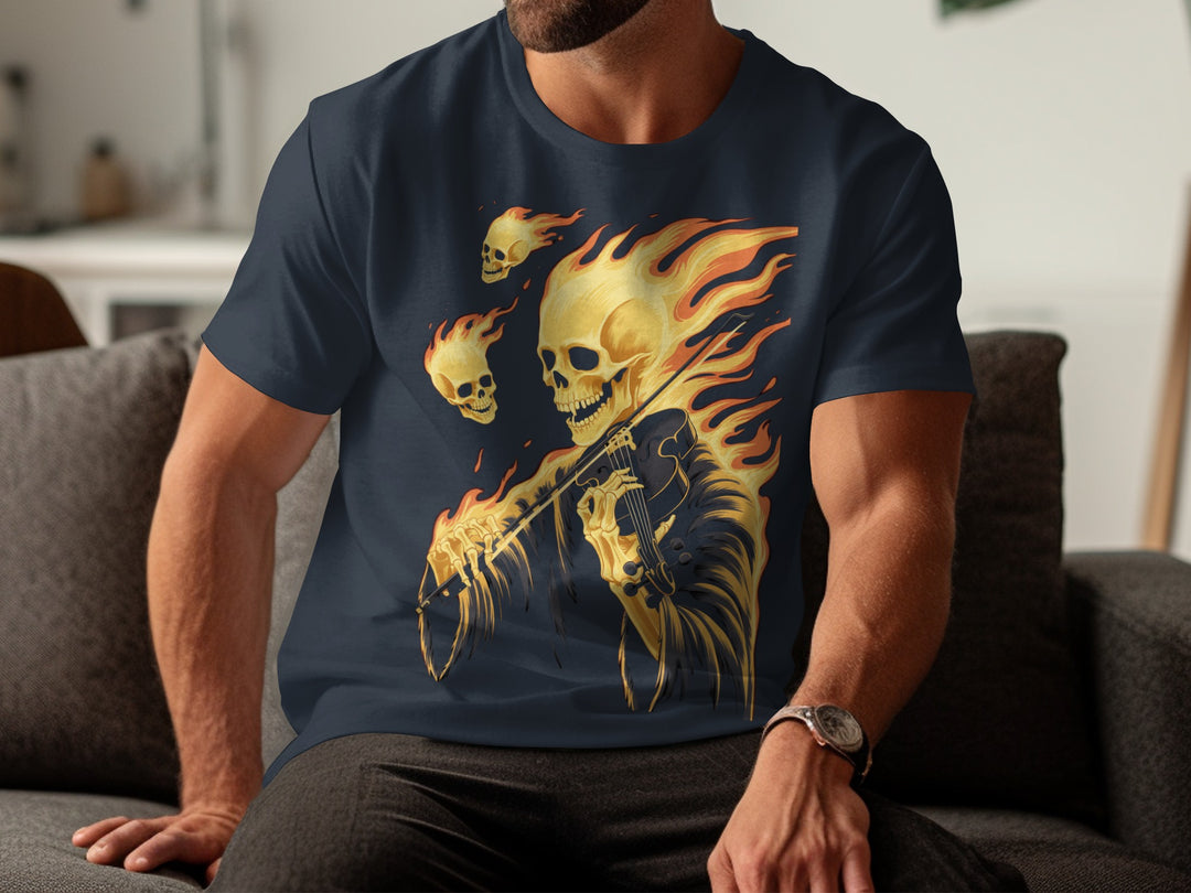 Person wearing a navy blue t-shirt with a fiery skeleton design.