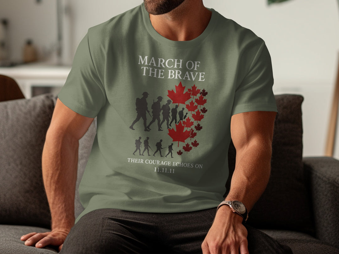 Person wearing a military green t-shirt with 'March of the Brave' design sitting on a couch.
