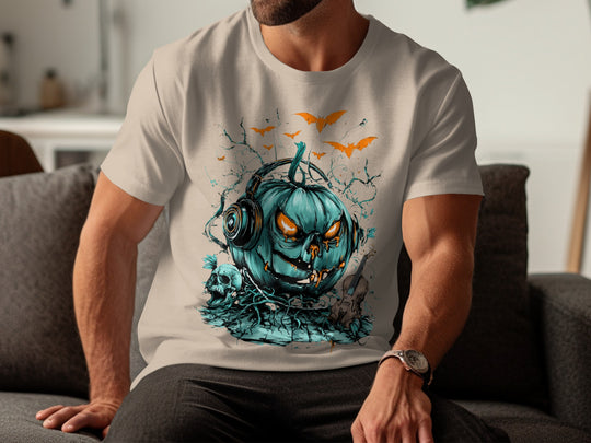 Person wearing a sand color t-shirt with a teal pumpkin graphic design.