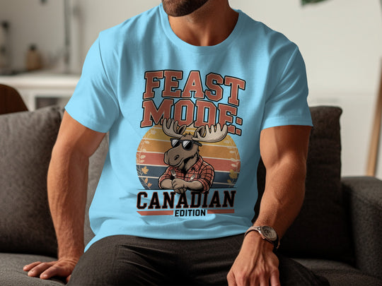 canadian thanksgiving t-shirt with feast mode moose graphic for men