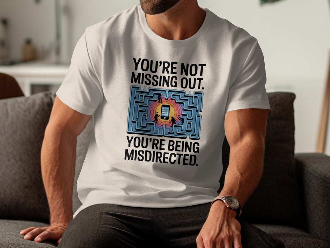 social media t-shirt men with maze phone graphic and “you’re not missing out” quote