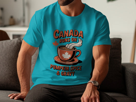 canadian thanksgiving t-shirt with maple cup “pumpkin spice & gravy” design for men