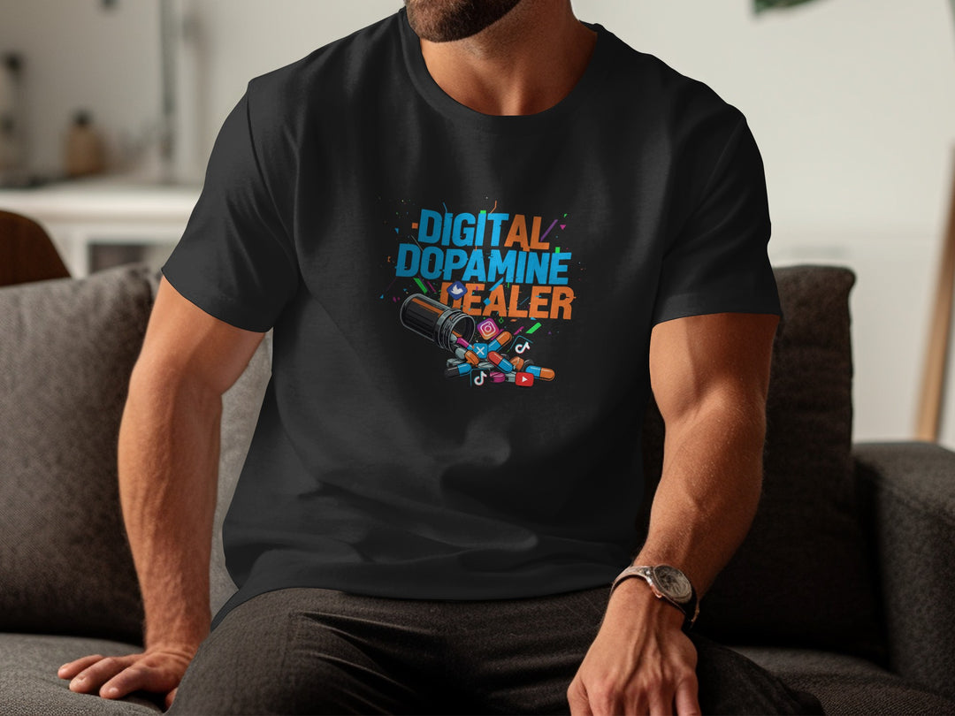 Person wearing a black t-shirt with colorful text and graphics, sitting on a couch.