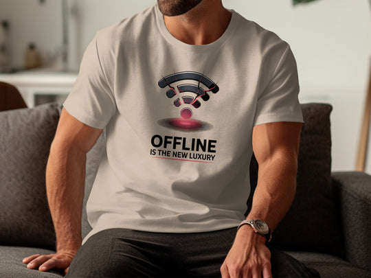 men wearing social media awareness t-shirt with cracked wifi “offline is the new luxury” graphic