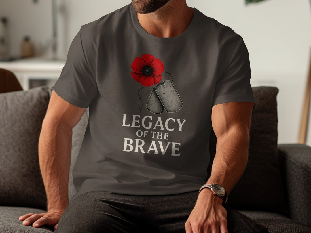 Person wearing a dark chocolate t-shirt with a poppy and dog tags design and 'Legacy of the Brave' text.