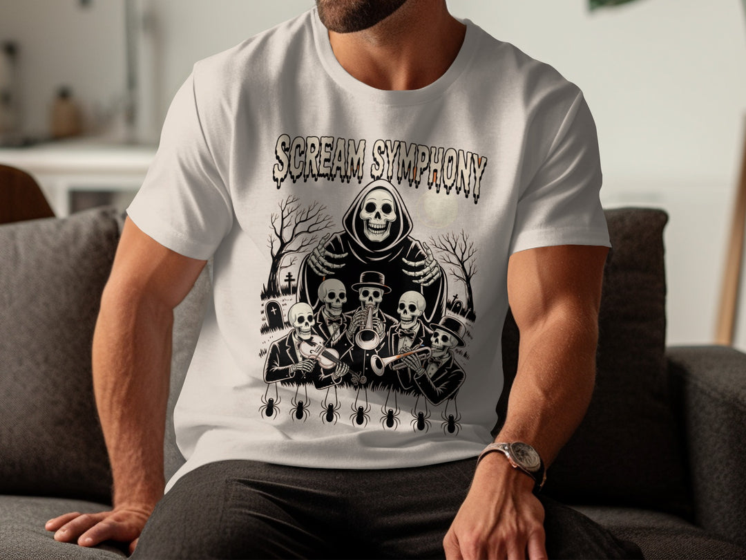Person wearing a natural color t-shirt with 'Scream Symphony' graphic design.