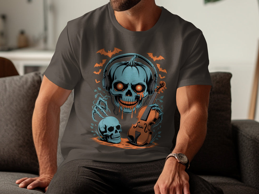 Person wearing a dark chocolate t-shirt with a graphic design of a skull and cello.