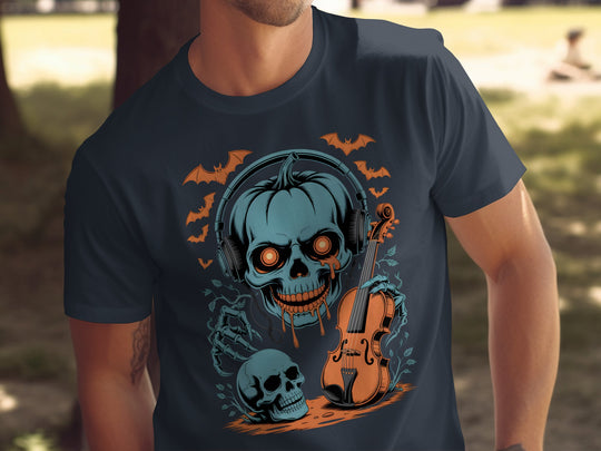 Person wearing a navy blue t-shirt with a skull and violin design outdoors