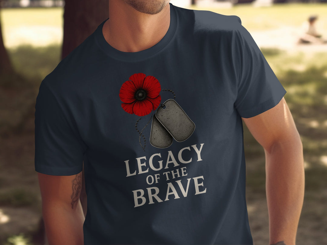 Navy blue t-shirt with a red poppy and dog tags design, featuring 'Legacy of the Brave'.