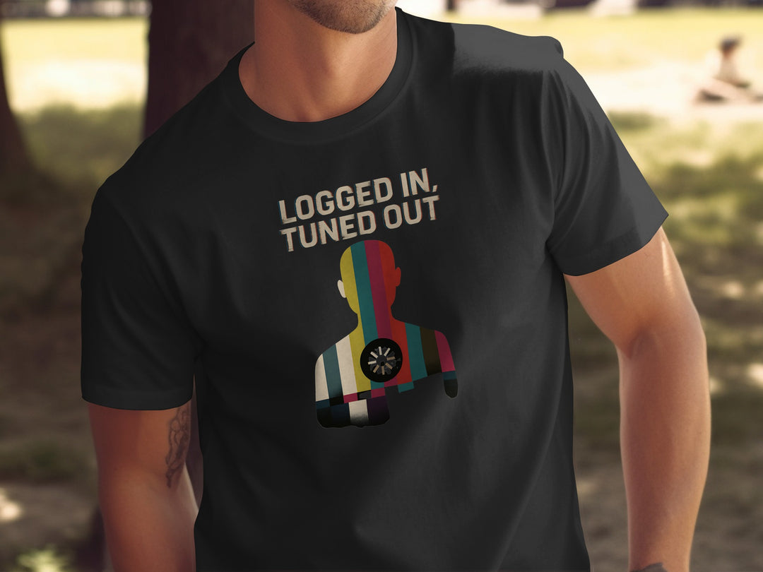 Person wearing a black t-shirt with colorful graphic and text 'LOGGED IN, TUNED OUT'.