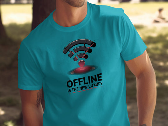 men wearing social media awareness t-shirt with cracked wifi “offline is the new luxury” graphic