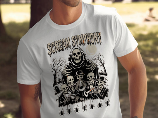 Person wearing a white t-shirt with 'Scream Symphony' graphic design.