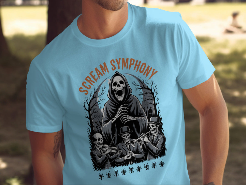 Light blue t-shirt with 'Scream Symphony' graphic design featuring a skeleton and musicians.