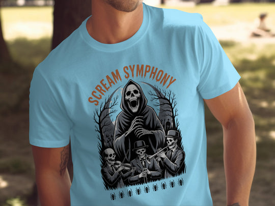 Light blue t-shirt with 'Scream Symphony' graphic design featuring a skeleton and musicians.
