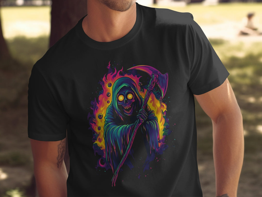 Black t-shirt with a colorful graphic design of a skeleton holding an ax, set against a blurred outdoor background.