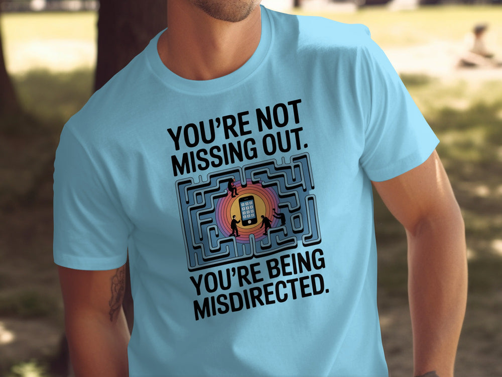 social media t-shirt men with maze phone graphic and “you’re not missing out” quote