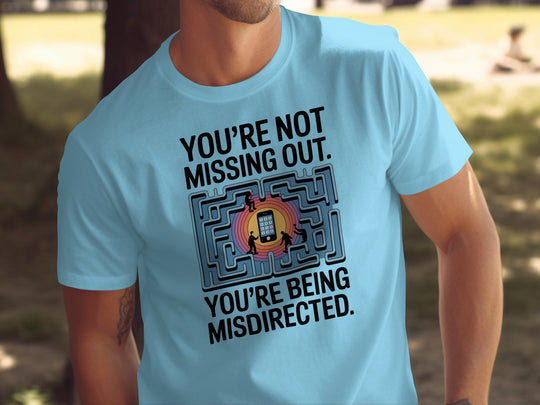 social media t-shirt men with maze phone graphic and “you’re not missing out” quote