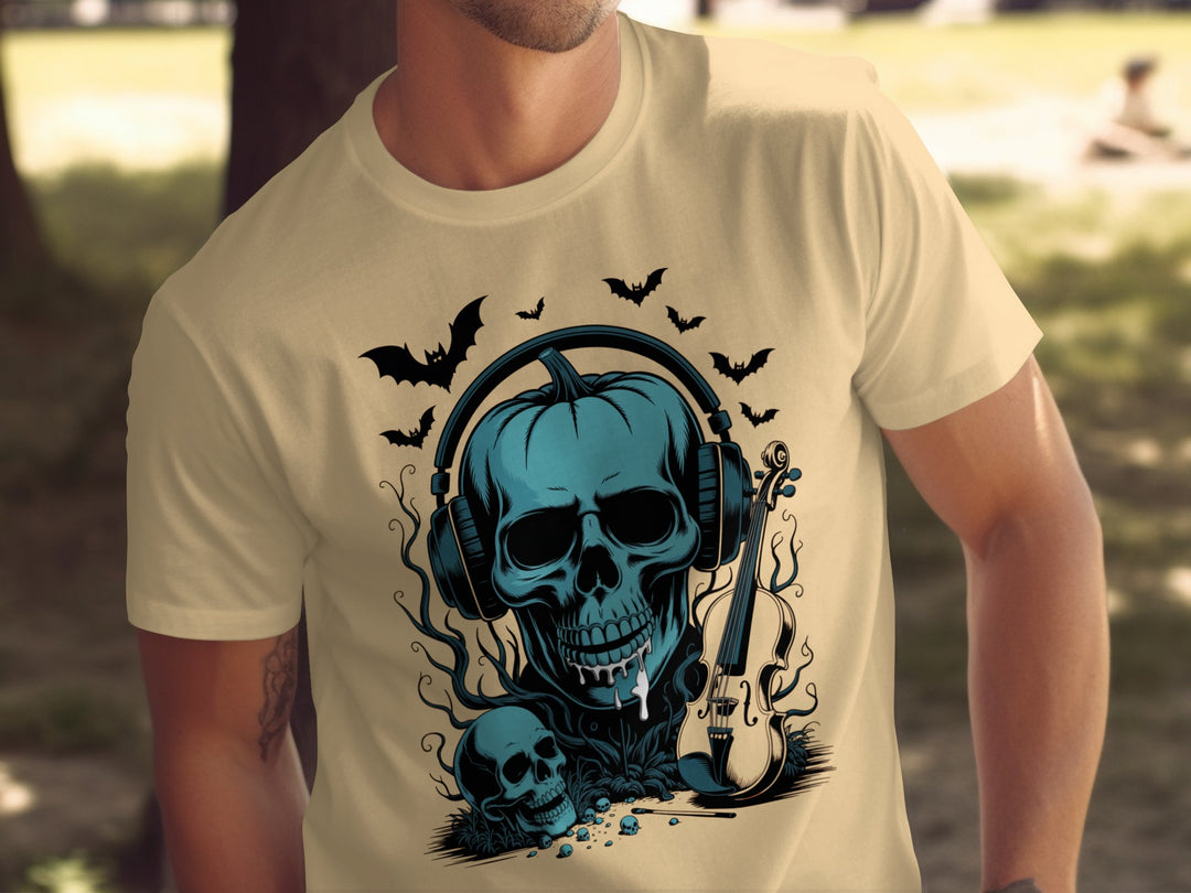 Person wearing a yellow haze t-shirt with a blue skull design and headphones.