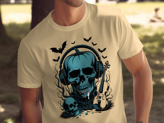 Person wearing a yellow haze t-shirt with a blue skull design and headphones.