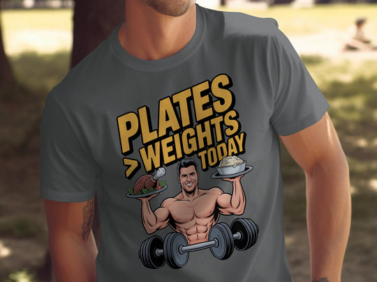 Thanksgiving men’s T-shirt with bodybuilder holding turkey and mashed potatoes; “Plates > Weights Today” text