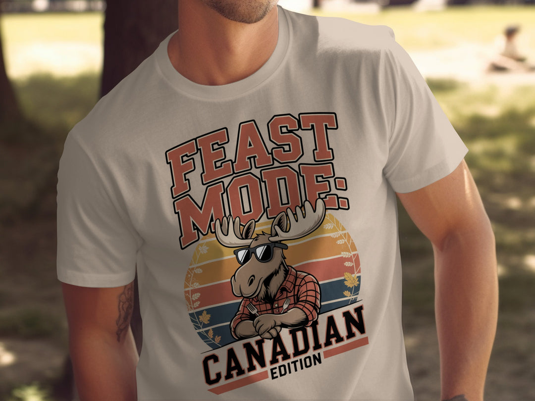 canadian thanksgiving t-shirt with feast mode moose graphic for men