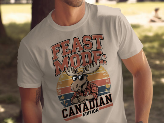 canadian thanksgiving t-shirt with feast mode moose graphic for men