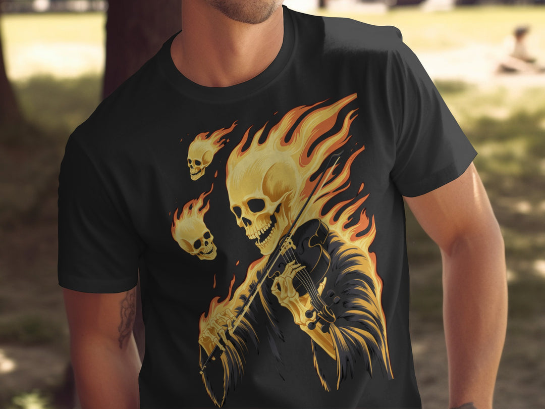 Black t-shirt with a graphic of a skeleton playing a guitar with flames, worn by a person.