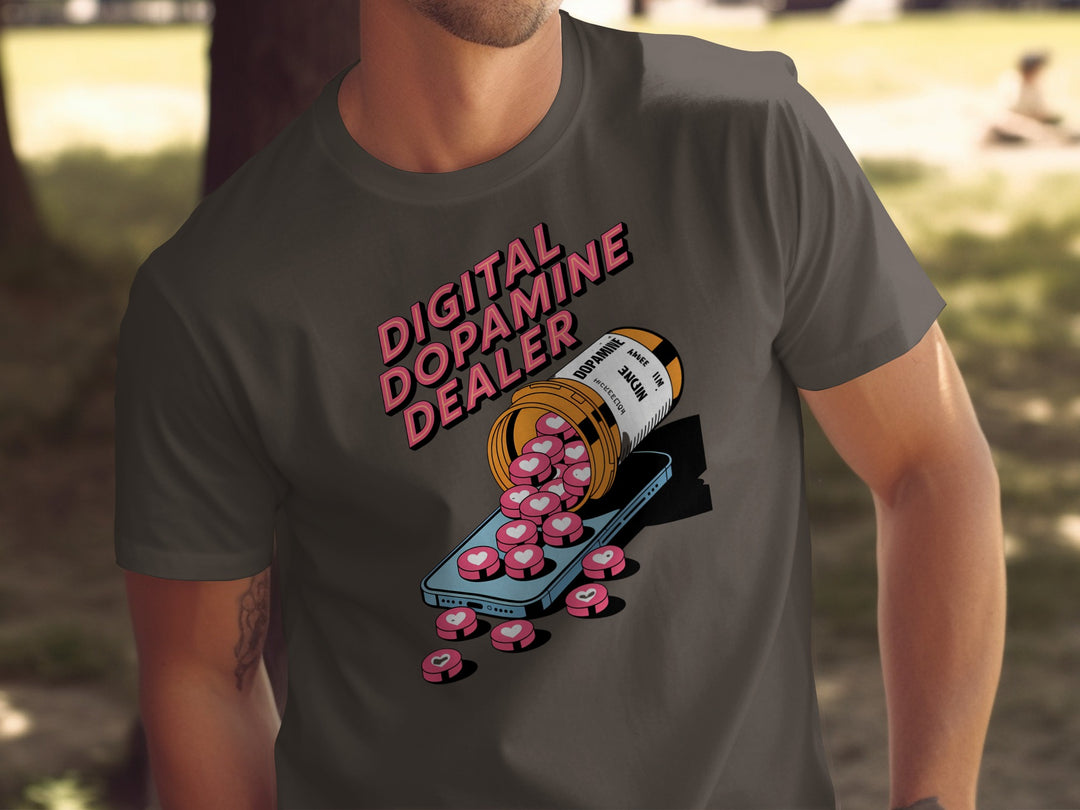 Person wearing a dark chocolate t-shirt with 'Digital Dopamine Dealer' graphic design.