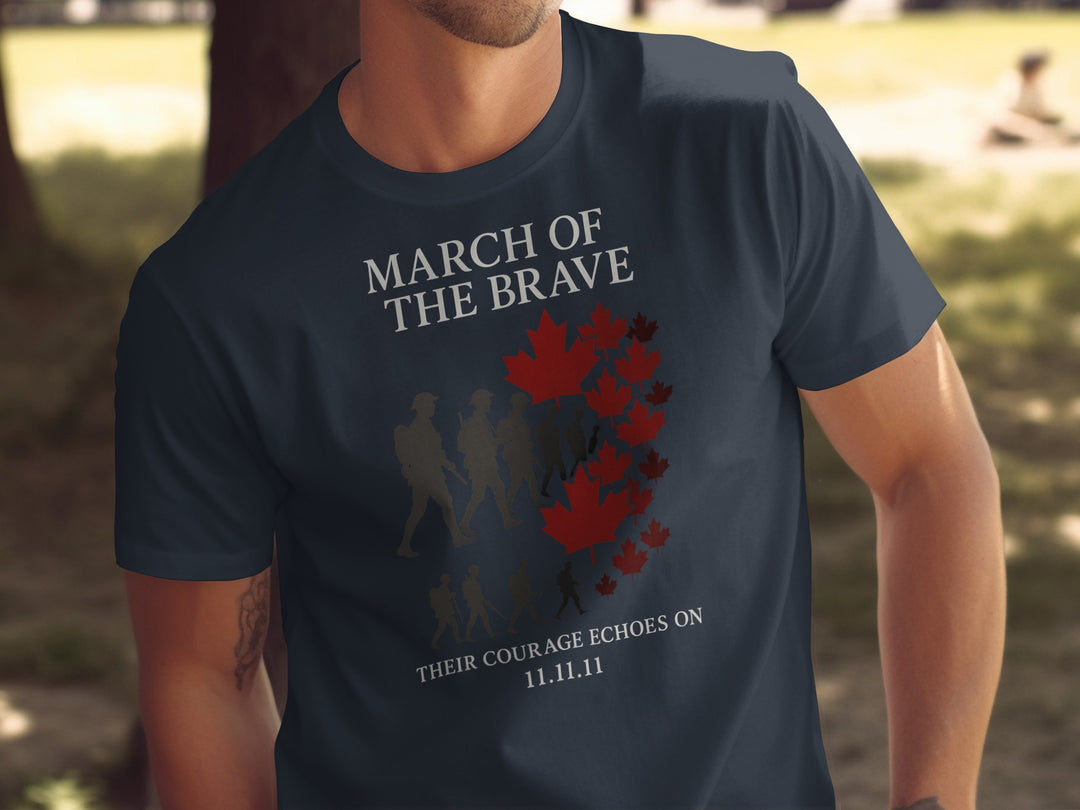 Person wearing a navy blue t-shirt with 'March of the Brave' design and text.