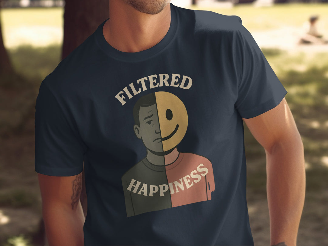Person wearing a navy blue t-shirt with a graphic design of a face split into 'FILTERED' and 'HAPPINESS'.