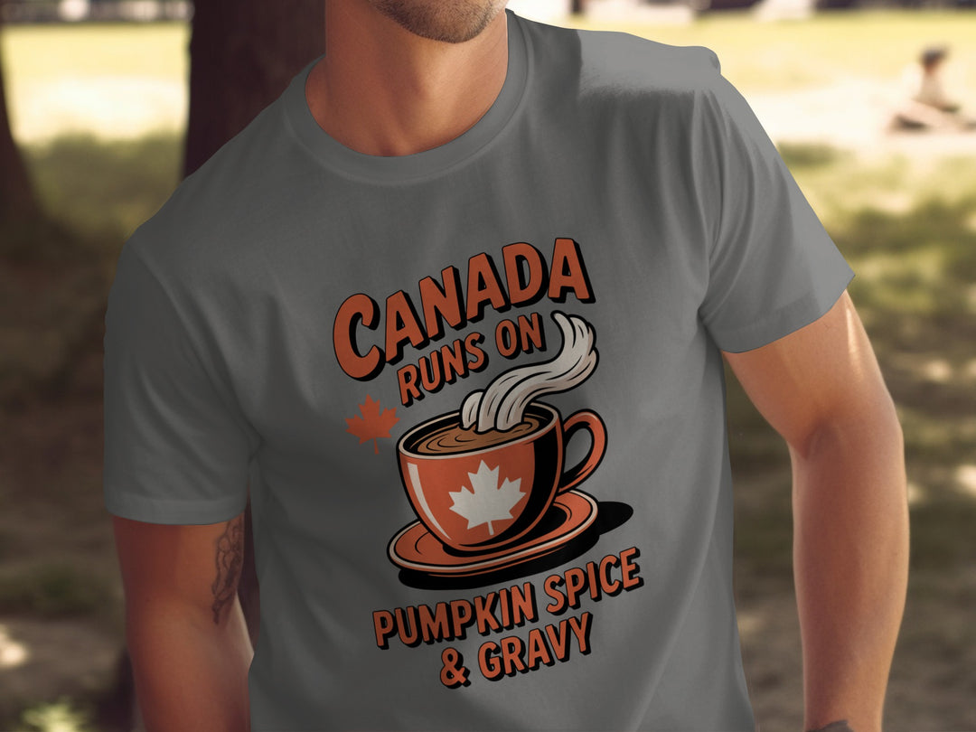 canadian thanksgiving t-shirt with maple cup “pumpkin spice & gravy” design for men