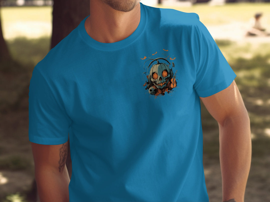 Person wearing a blue t-shirt with a graphic design outdoors