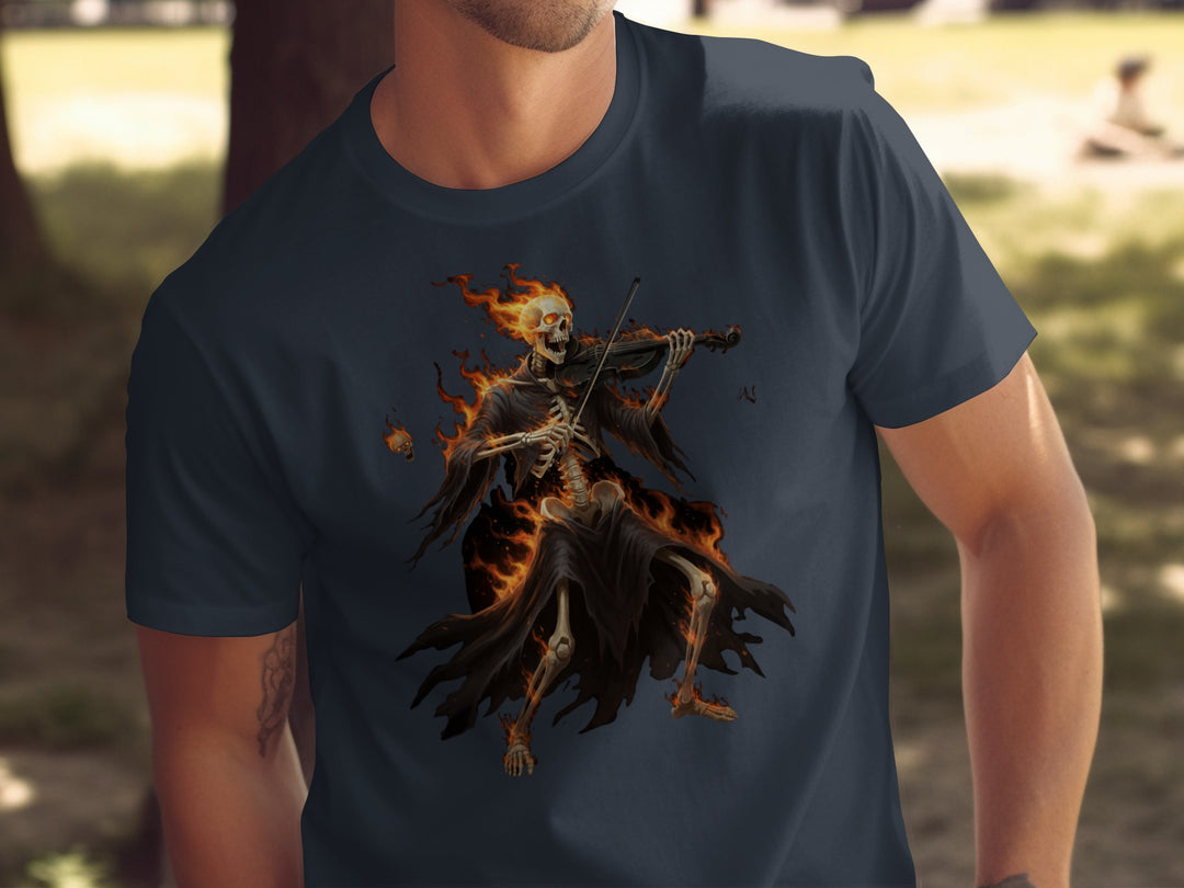 Person wearing a navy t-shirt with a skeleton playing violin design.