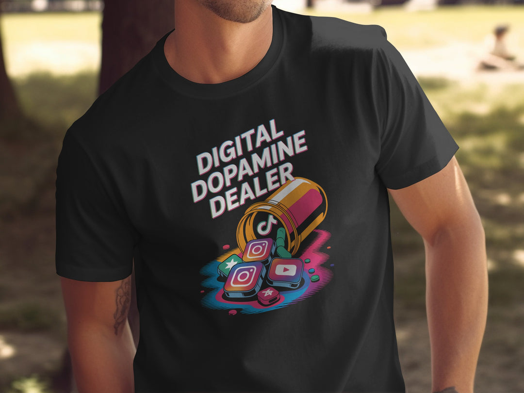 Person wearing a black t-shirt with 'Digital Dopamine Dealer' graphic design.
