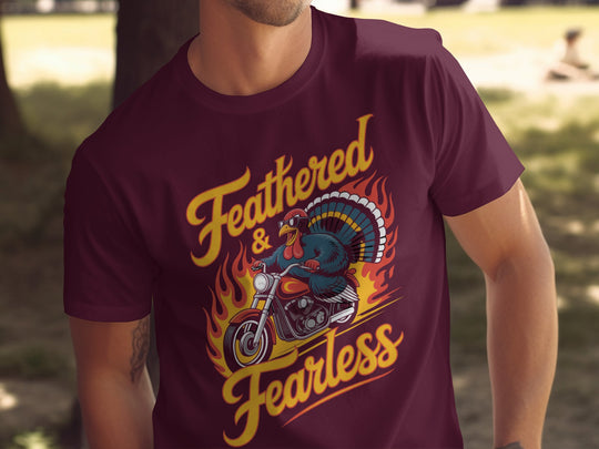 Thanksgiving turkey t-shirt with biker turkey “Feathered & Fearless” flame design for men