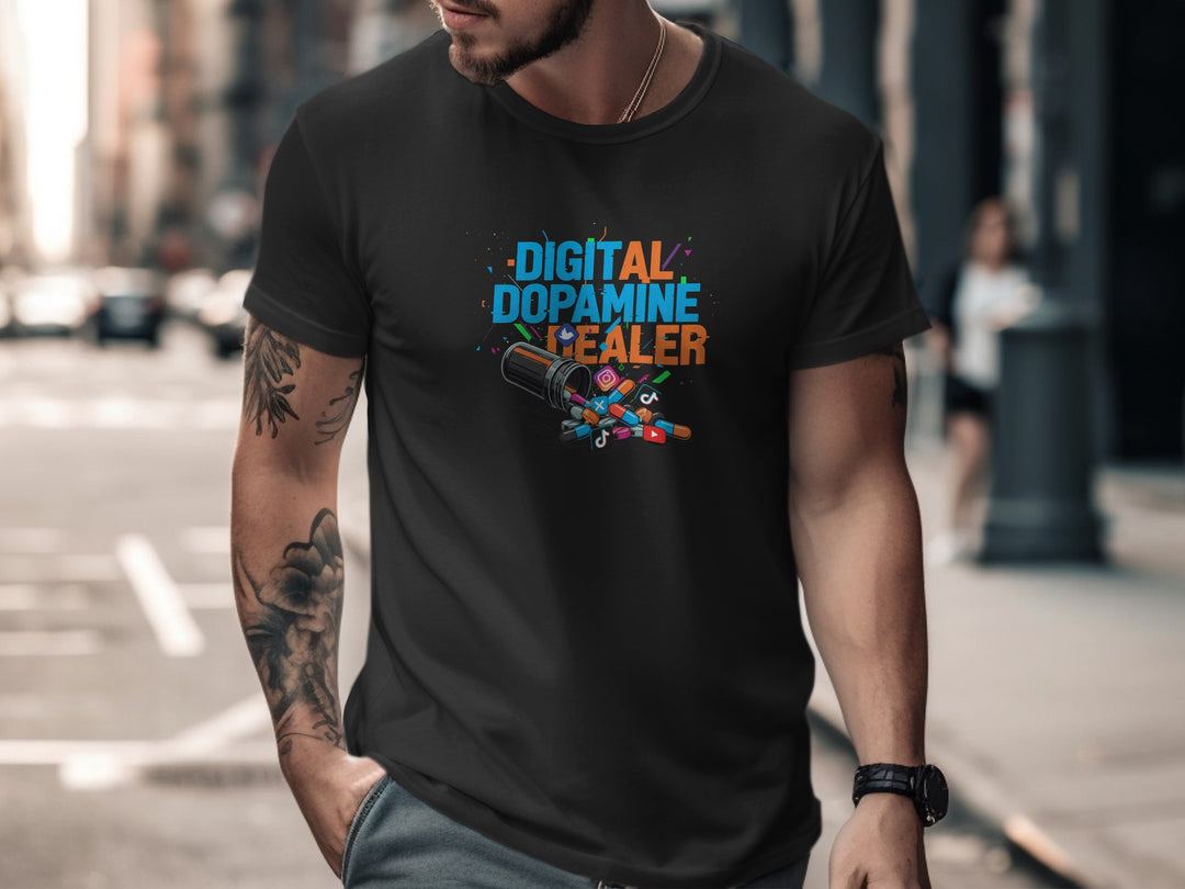 Person wearing a black t-shirt with colorful text and graphic design on a city street.