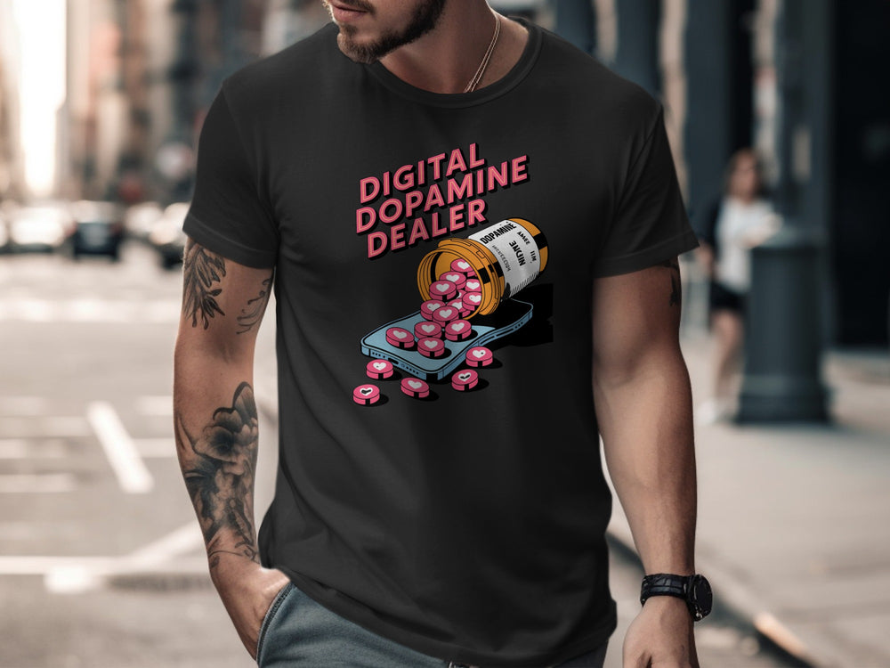 Person wearing a black t-shirt with 'Digital Dopamine Dealer' graphic on a city street.