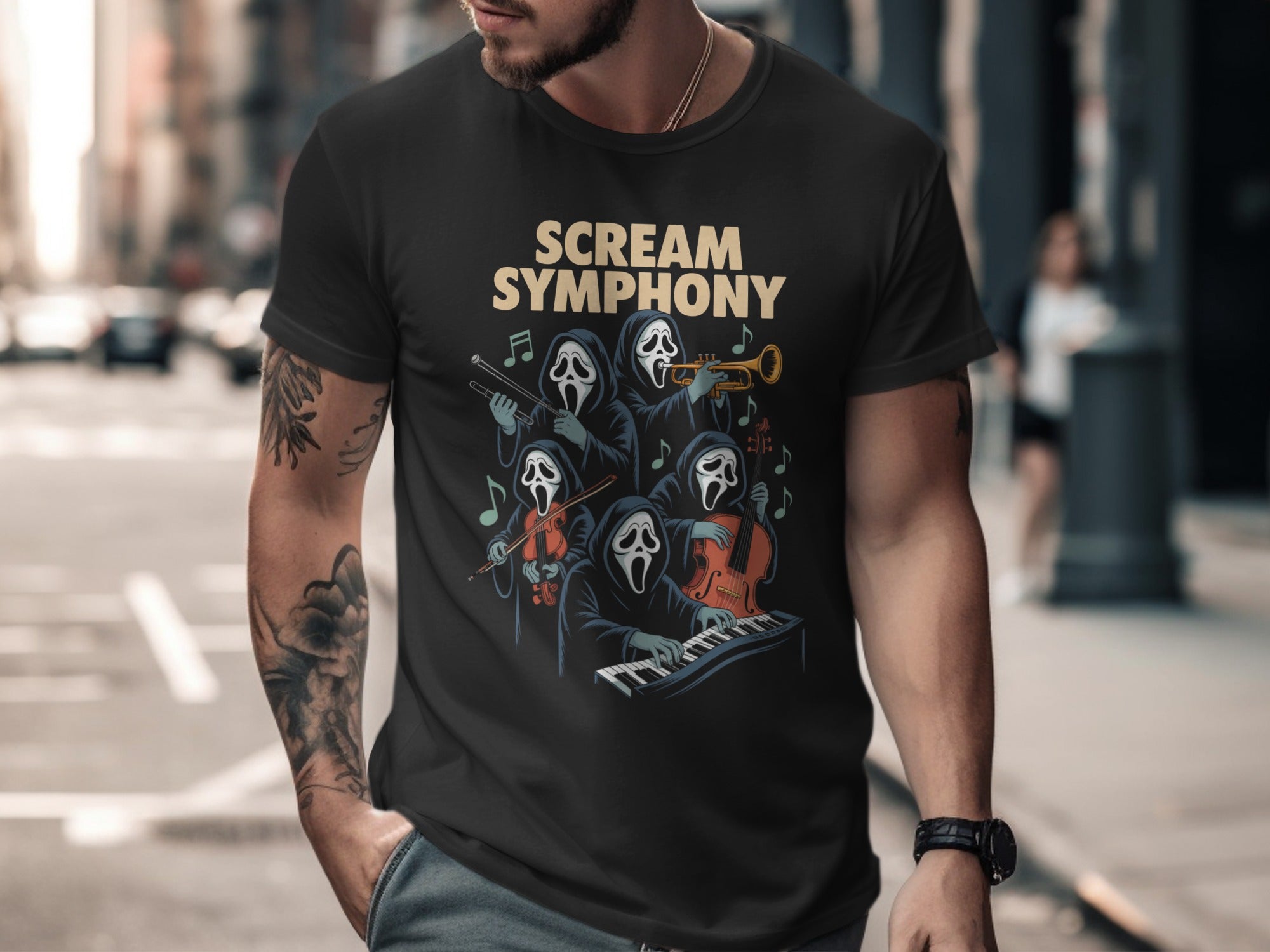 Person wearing a black t-shirt with 'Scream Symphony' design on a city street.