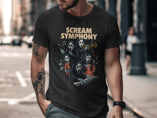 Person wearing a black t-shirt with 'Scream Symphony' design on a city street.