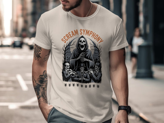 Person wearing a natural color t-shirt with 'Scream Symphony' graphic design on a city street.