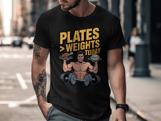 Thanksgiving men’s T-shirt with bodybuilder holding turkey and mashed potatoes; “Plates > Weights Today” text