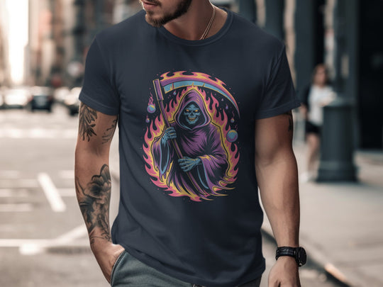 Person wearing a navy t-shirt with a colorful graphic design of a hooded figure on a city street.
