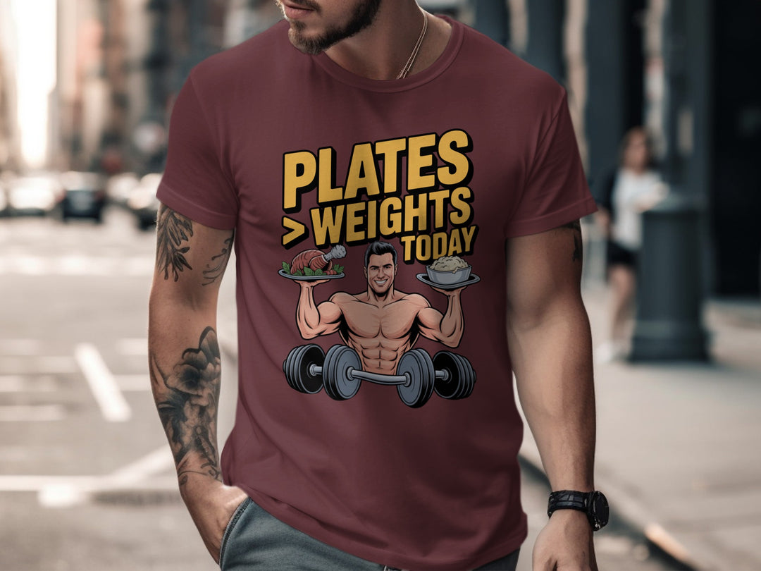 Thanksgiving men’s T-shirt with bodybuilder holding turkey and mashed potatoes; “Plates > Weights Today” text