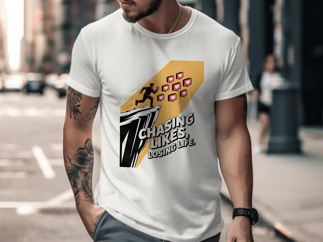 Man wearing a white t-shirt with a graphic design on a city street