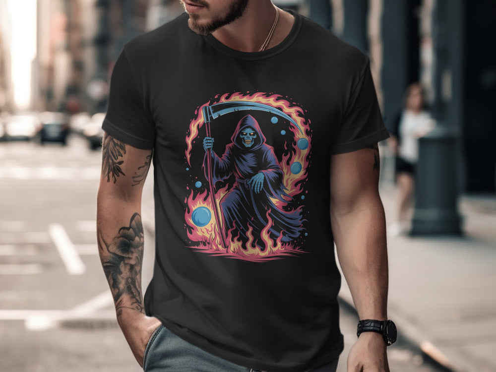 Person wearing a black t-shirt with a colorful graphic design of a hooded figure on a city street.