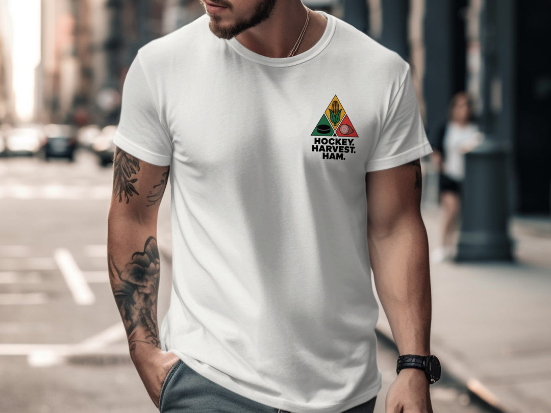 Thanksgiving hockey t-shirt with corn, puck, and ham triangle graphic for men