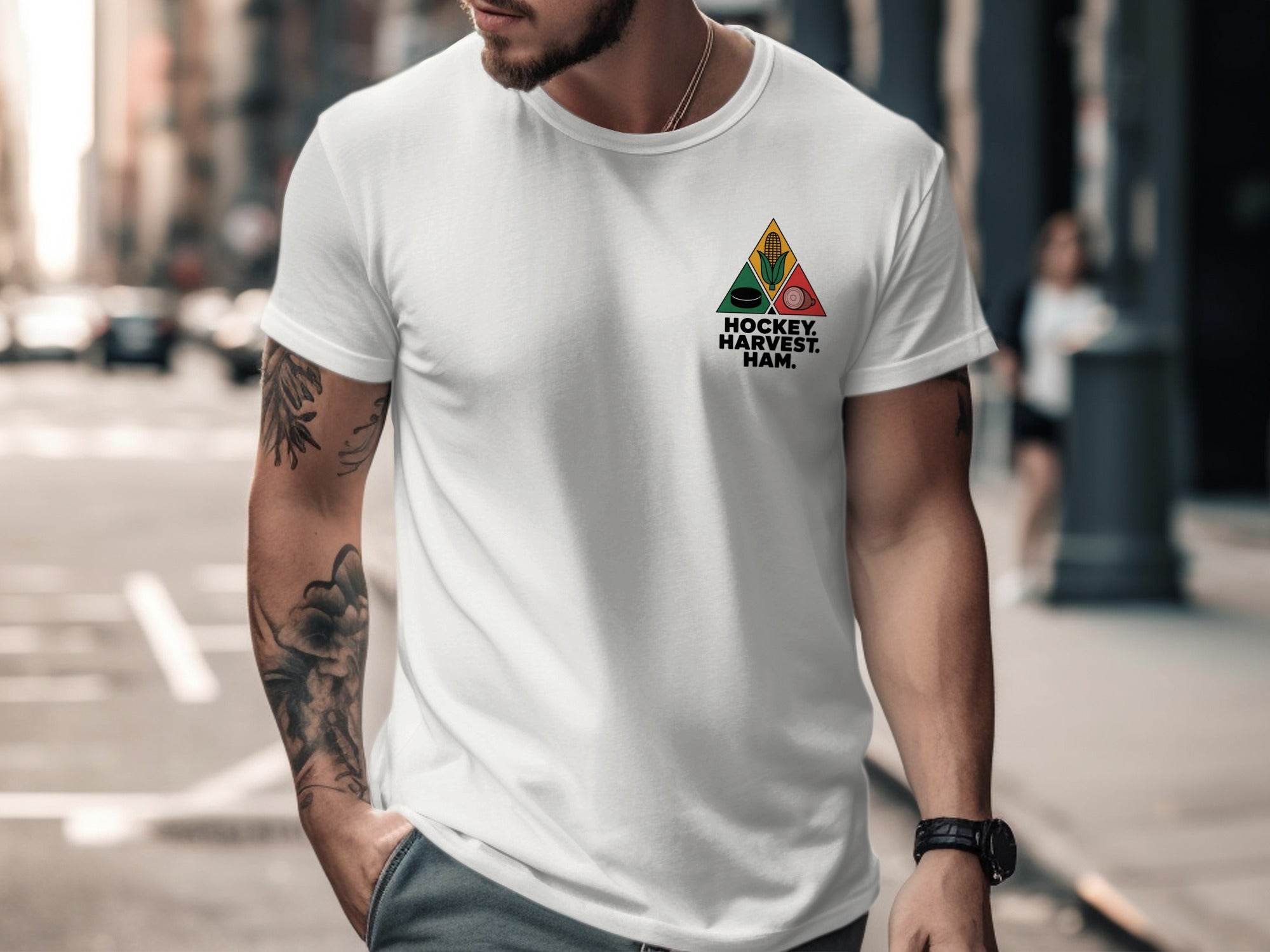 Thanksgiving hockey t-shirt with corn, puck, and ham triangle graphic for men